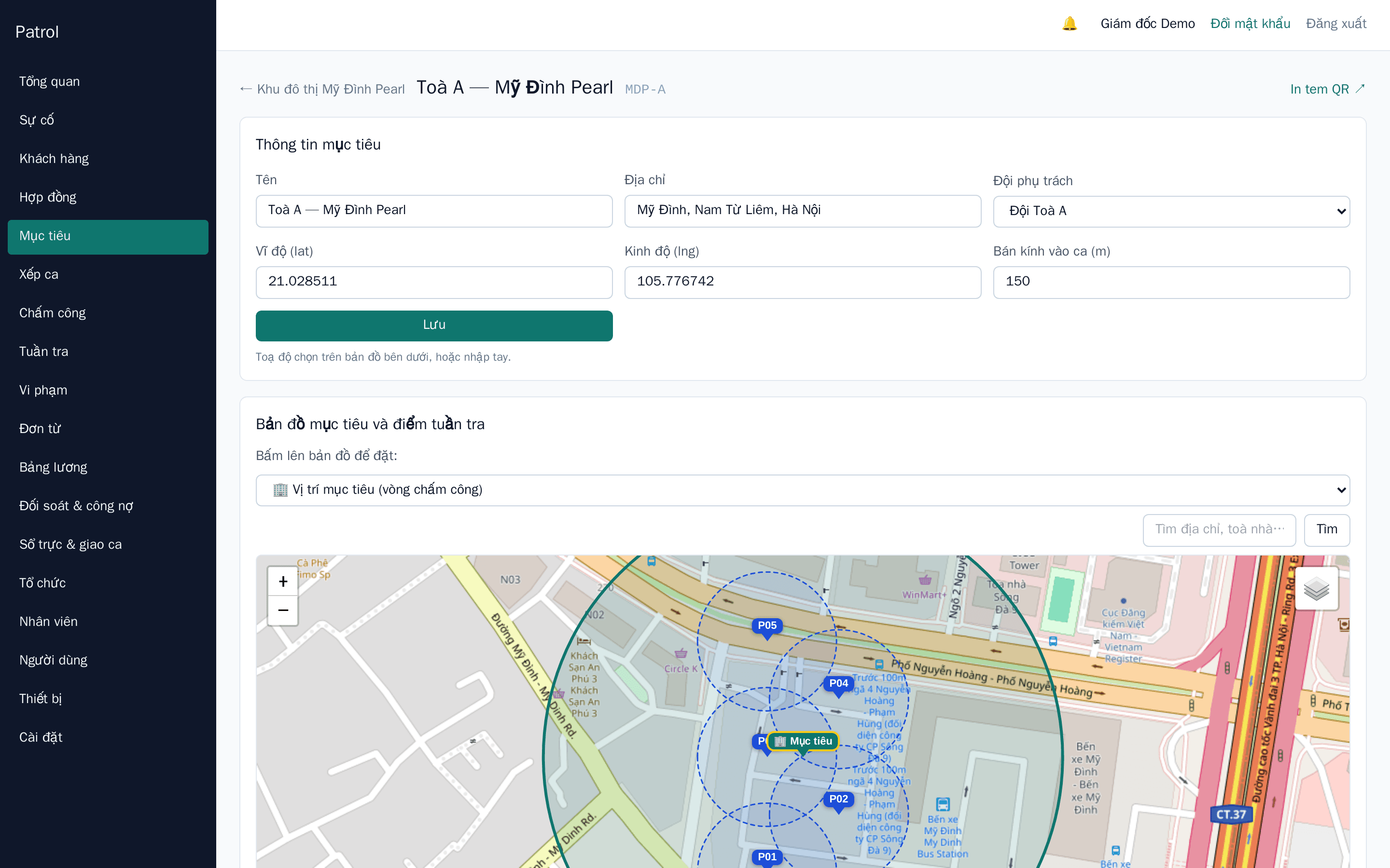 Bản đồ mục tiêu với các điểm tuần tra và vòng chấm công (nền bản đồ © OpenStreetMap)